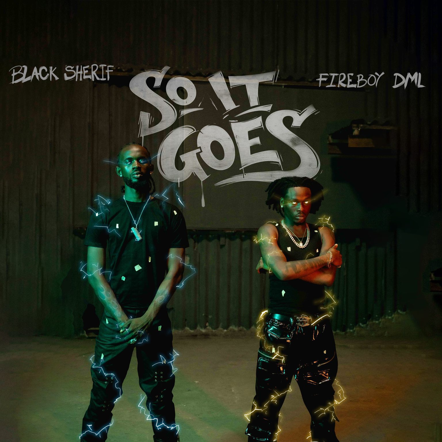 Cover art for So It Goes by Black Sherif featuring Fireboy DML. The names of the artistes are written at the top sides of the image, with the title placed in the middle. Black Sherif is standing on the left side of the artwork, while Fireboy DML is positioned on the right.