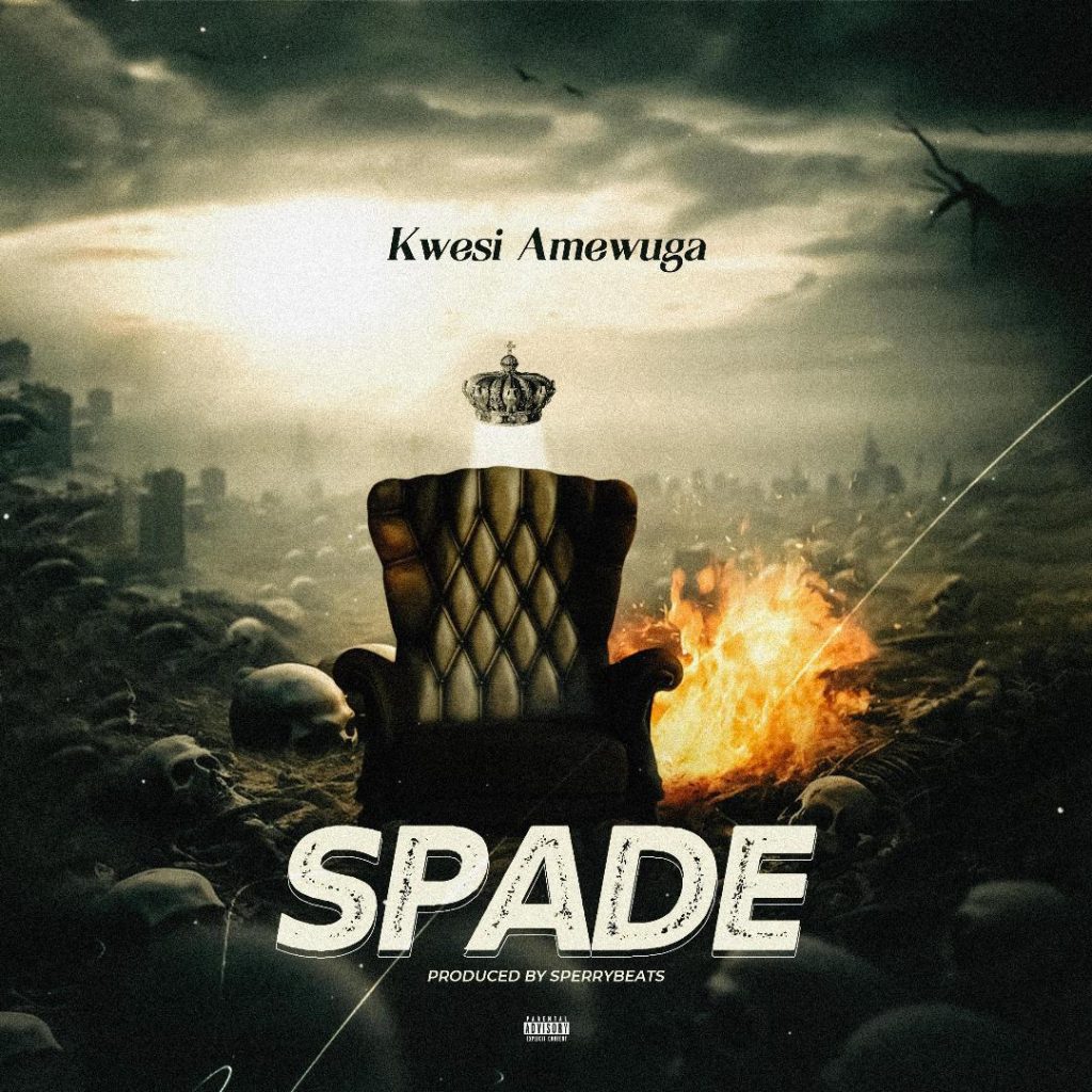 The cover art for Spade by Kwesi Amewuga, featuring a war scene in the background with a single sofa. "Kwesi Amewuga" is written at the top, and "Spade" is boldly written at the bottom alongside the producer's name.