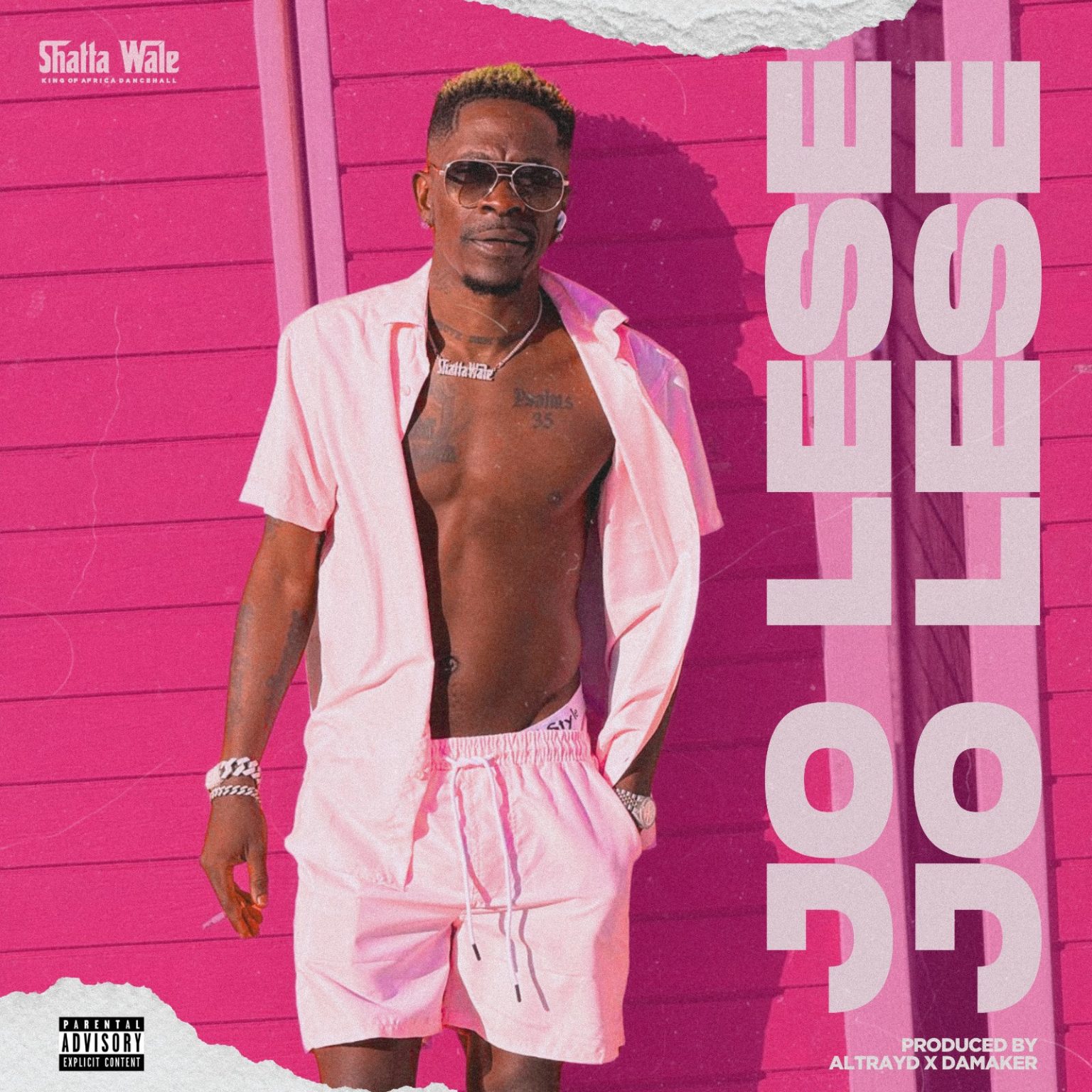 The cover art for Shatta Wale’s new song "Jo Lese" features a pink background. "Jo Lese" is written on the left side, "Shatta Wale" is positioned in the middle, and the artiste's name appears at the top.