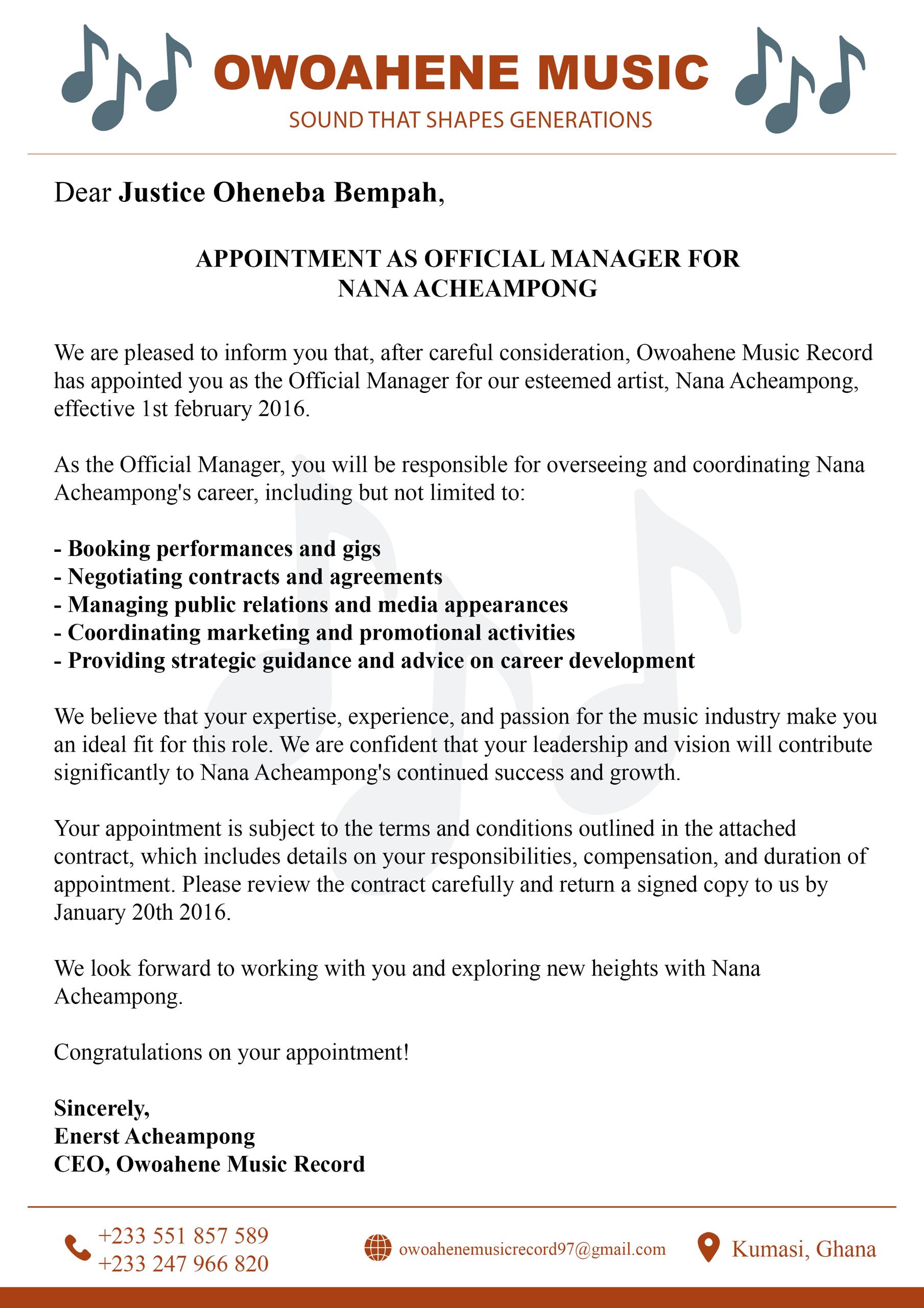 Highlife Icon Nana Acheampong Appoints Justice Oheneba Bempah as Official Manager