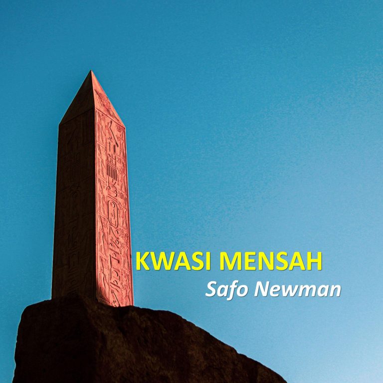 Safo Newman – Kwasi Mensah The song title “Kwasi Mensah” is written in yellow, and the artist's name, Safo Newman, is in white, with a sea blue background. A small rock and a chapel-like tower are visible on the left.