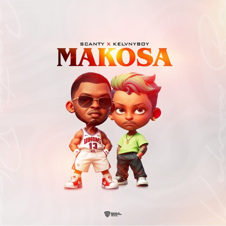 A cartoon drawing of Scanty and Kelvyn Boy with the song title “Makosa” written in red.